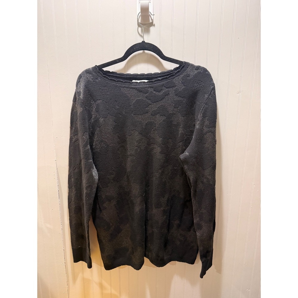 Elle Womens‎ XXL Black Metallic Silver Floral Jacquard Boat Neck Knit Sweater